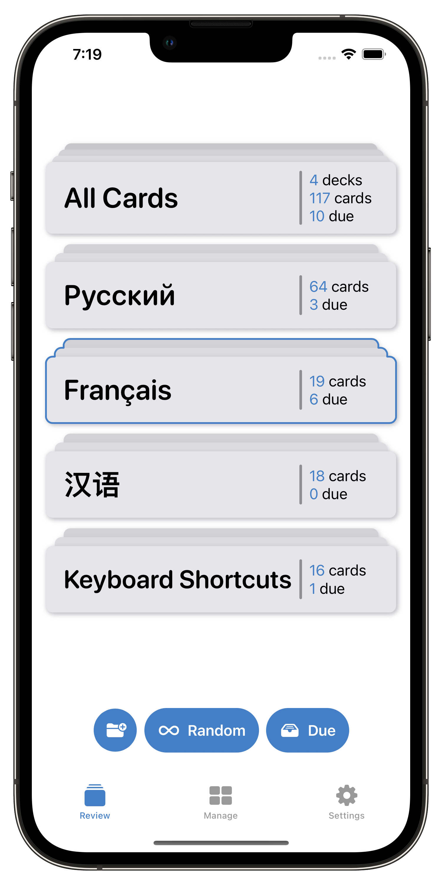 A screenshot of contextable's deck list screen